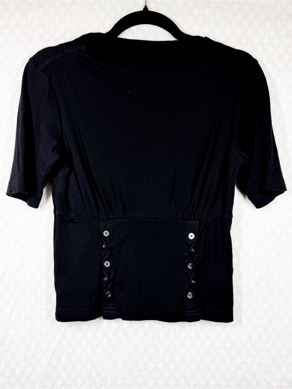 Anthropologie Pilcro Black Ribbed Button Detail Short Sleeve Top